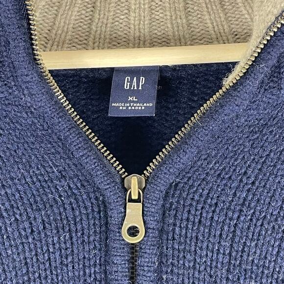 GAP Men's Navy Blue 100% Lambs Wool Sweater Sz XL Beige Fair Isle Mock Neck Zip - Picture 3 of 7